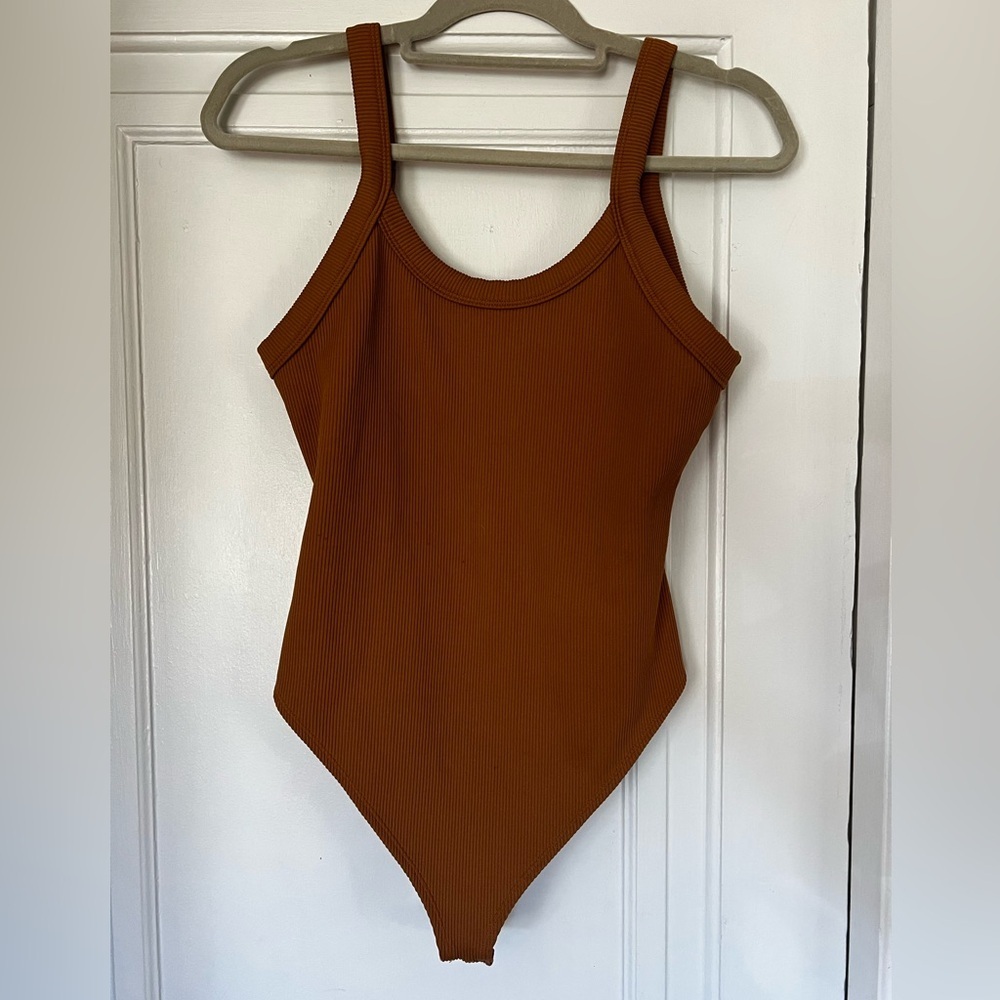 Wild Fable Ribbed Bodysuit XXL – Brown Scoop Neck Stretch One-Piece Snaps Thong